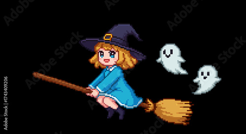 A cute pixel art cartoon witch with blonde hair flying on a broomstick, accompanied by two friendly white ghosts.