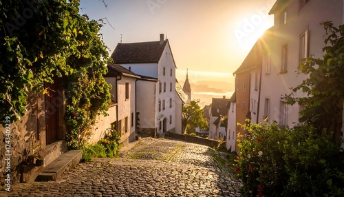 Cobblestone street in European town leading to sunny landscape. Buildings are white with orange tile roofs