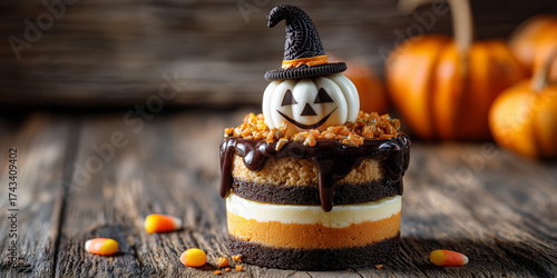 festive halloween dessert styled as a pumpkin cheesecake stack