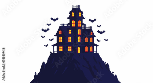 A spooky haunted mansion with glowing windows on a dark hill, surrounded by flying bats, against a white background.