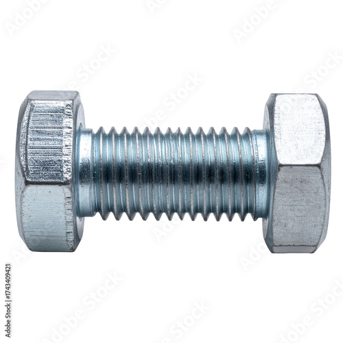 A close-up of a bolt and nut, metallic, with detailed threads, against a black background