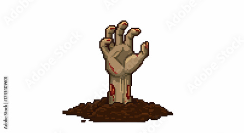 Pixel art zombie hand with blood rising from dirt.
