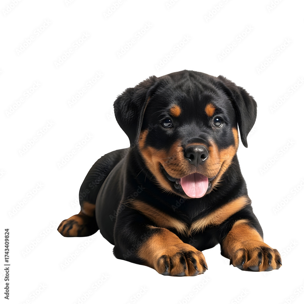 Fototapeta premium Adorable Rottweiler puppy lying down looking at the camera.