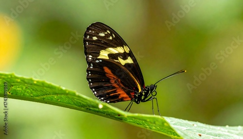 Colorful butterfly rests upon a green leaf, its wings displaying vibrant orange, black, and yellow patterns