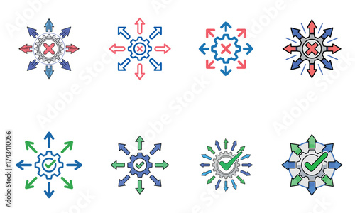 Gear direction icon set showing process management and system flow concept
