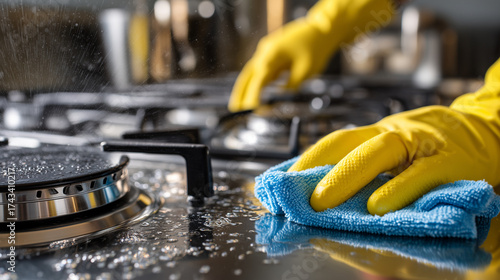 Close-up of a person cleaning a stainless steel gas stovetop. Hands in yellow rubber gloves wipe with a blue cloth while spraying cleaner; burners and surface look shiny and nearly spotless.
