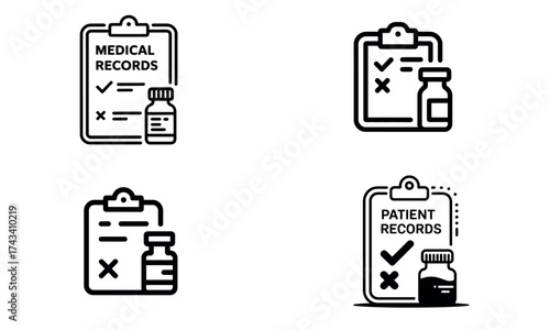 Medical record icon with clipboard and vial showing healthcare documentation concept
