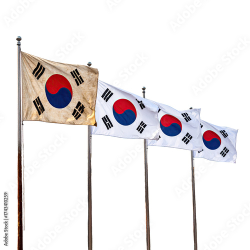 Four Korean flags, slightly tattered, fly on poles against a black background
