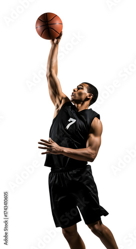 Basketball player in midair making a slam dunk shot.