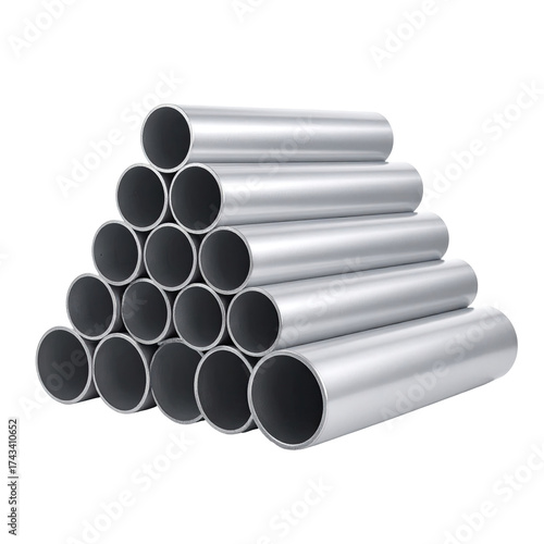 A pyramid of cylindrical metal pipes, stacked on a dark background, smooth texture