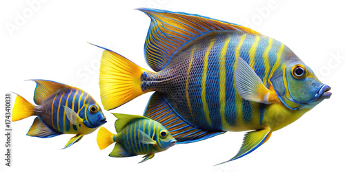 Three Regal Angelfish swimming together in a bright blue and yellow display