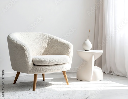 Cozy room features a white, textured armchair, unique side table, ceramic vase, bathed in soft, natural light