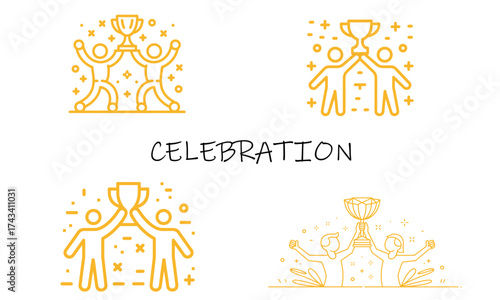 Celebration icon set showing people holding trophy and success happiness concept

