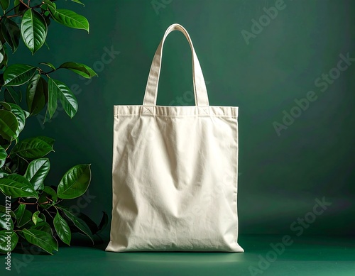 Cream-colored tote bag centered against deep green backdrop, accented by lush green foliage on left