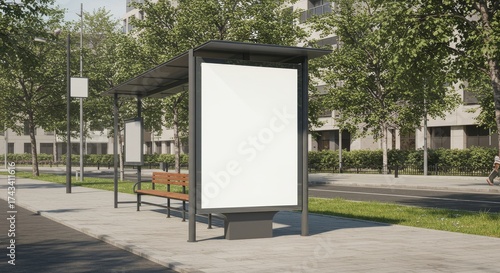 Blank billboard template at bus stop on city street, modern urban mockup