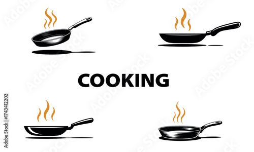 Cooking pan icon set showing hot frying pans with steam and heat symbols
