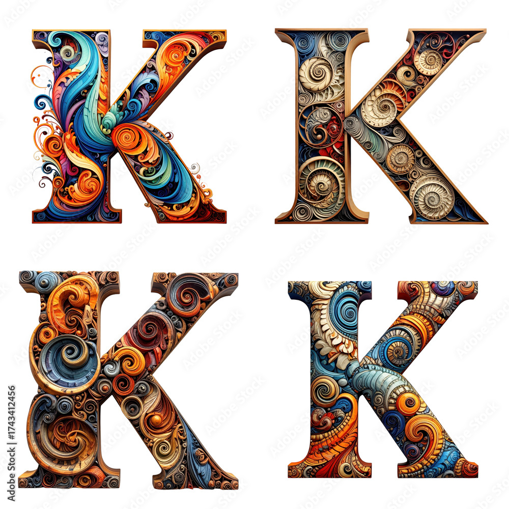 Naklejka premium spiral pattern letter K decorative letter illustration with high-quality detail and artistic flair.