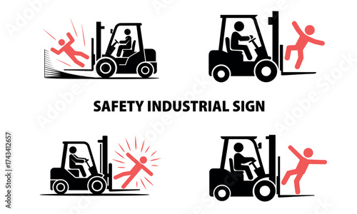 Industrial safety warning sign with forklift accident prevention symbols
