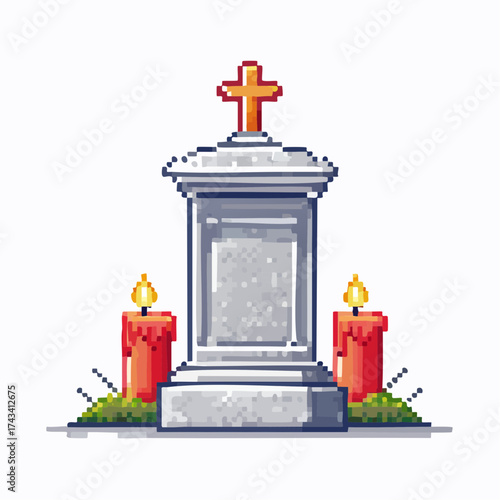 Polish cemetery grave pixel art - memorial candle with cross headstone vector illustration