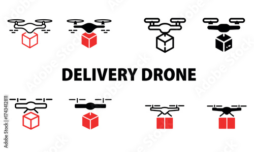 Modern delivery drone icon set with parcel and shipping concept in minimal flat design
