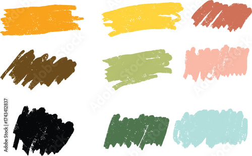 A collection of colorful chalk brush strokes in vector format with a transparent background. Includes hand-drawn pastel textures in orange, yellow, green, brown, coral, and teal shades. 