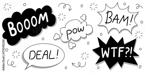 Black comic explosions with boom and pow, bam, wtf and deal in speech bubbles. Bold typography with sparkles, motion lines and arrows for vintage super hero action or graphic novel panels.