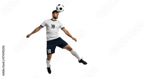 Soccer player in mid air heading the ball during a match.