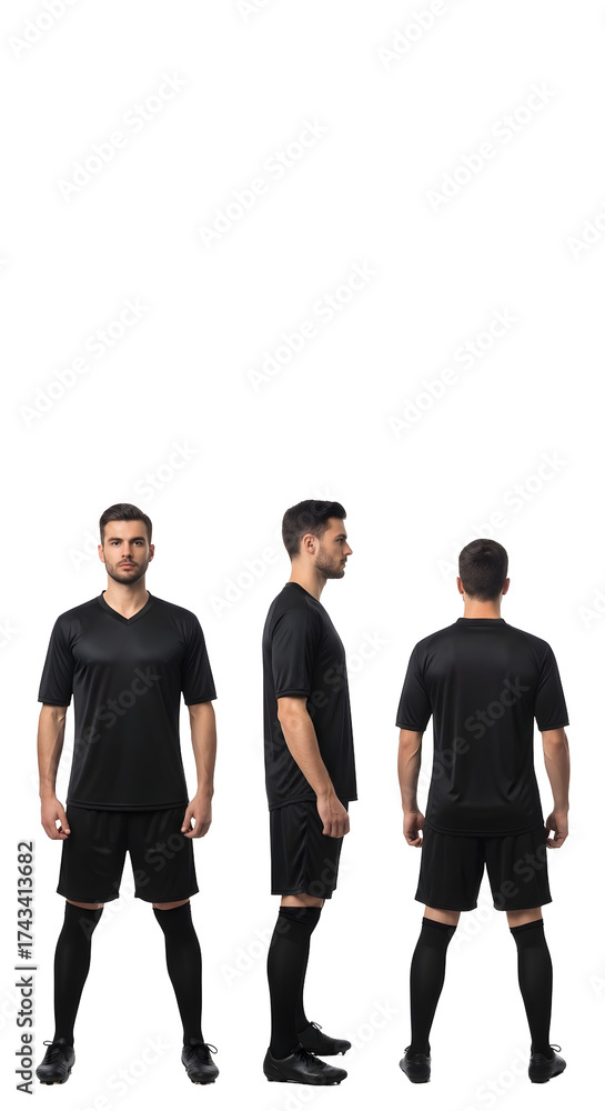 Obraz premium Three views of a man wearing a black soccer uniform.