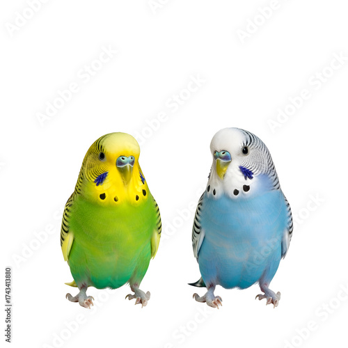 Two budgies one green and yellow one blue and white facing forward.