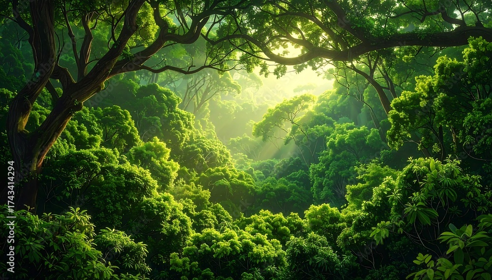Obraz premium Lush green forest canopy with sunlight filtering through, creating a vibrant, natural, and serene atmosphere