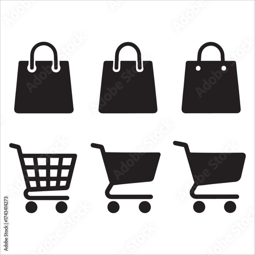 This image displays a collection of six black, minimalist icons related to shopping. The top row features three different styles of shopping bags. The bottom row presents three distinct shopping cart 