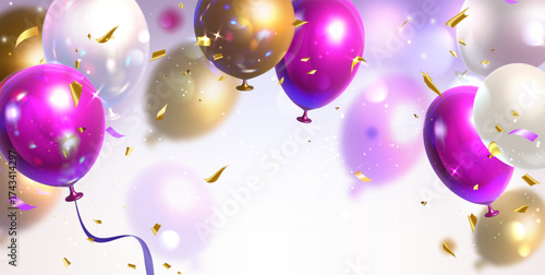 Floating gold, white and pink balloons in celebration scene with glossy spheres and sparkling confetti. Metallic orbs in festive atmosphere with ribbon details for birthday party decoration designs.
