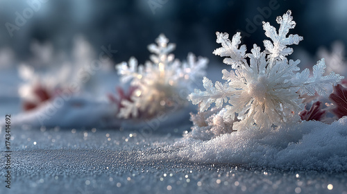 Macro Frozen Snowflake on Cold Snow Background