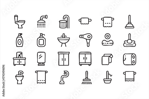 Bathroom and hygiene icon set representing cleaning, home, and sanitation design concepts