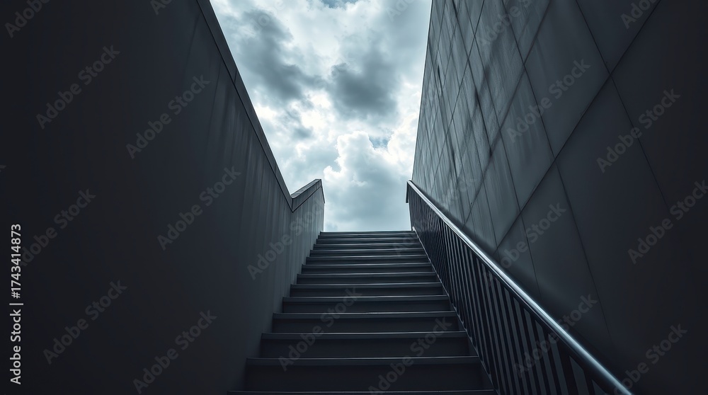Fototapeta premium Steps leading to a cloudy sky showcasing a journey upward at dusk in an urban setting