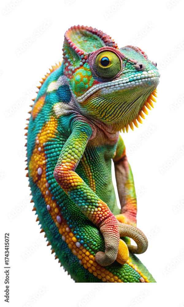Fototapeta premium Colorful Chameleon Posing on a White Background, Detailed Exotic Reptile Image