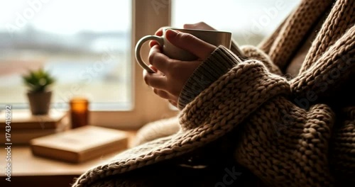 Person holding warm drink in a cozy blanket by window.