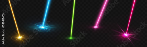 Laser beam effects on transparent bg - colorful light rays and glowing impact points. Neon strikes in yellow and blue, green and pink with bright flares. Futuristic energy weapons or sci fi elements.