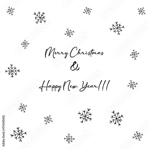 Monochrome vector Christmas illustration set with doodle holiday elements and greeting cards in hand drawn style for festive design