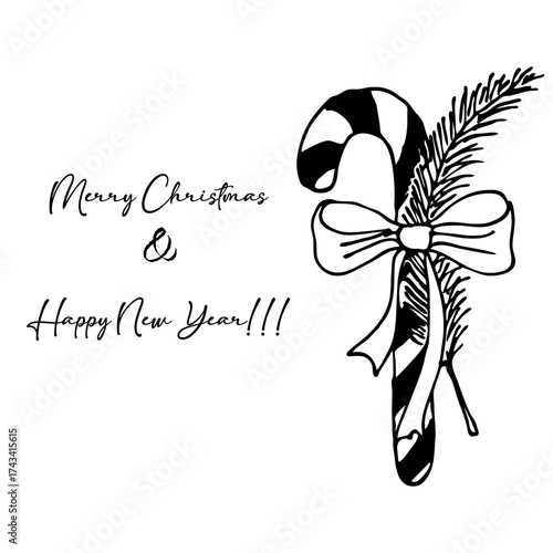 Vector doodle Christmas set with black and white holiday sketches for greeting card design, festive posters, craft packaging and winter decoration