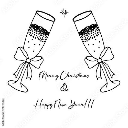 Monochrome vector Christmas illustration set with doodle holiday elements and greeting cards in hand drawn style for festive design