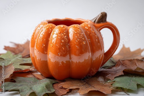 An orange pumpkin-shaped mug sits amidst autumn leaves, showcasing a detailed texture and a serene autumnal ambiance.