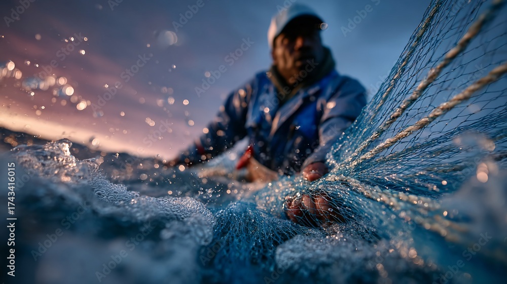 Fototapeta premium Dramatic image of a fisherman pulling a net from the ocean at sunset creating a captivating scene