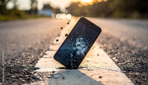 A cracked phone lies on a road's white line, with bokeh lights and greenery visible in the sunny background