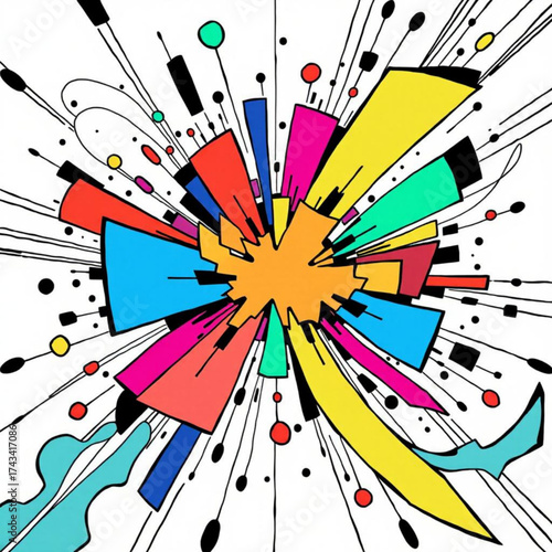 Minimilist abstract radial composition with vibrant geometric shapes and dynamic line extensions radiating outward vector