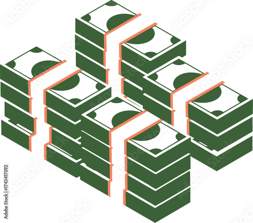 Isometric Stacks of Money Vector Illustration. Large Cash Piles, Wealth, and Financial Success Concept Graphic