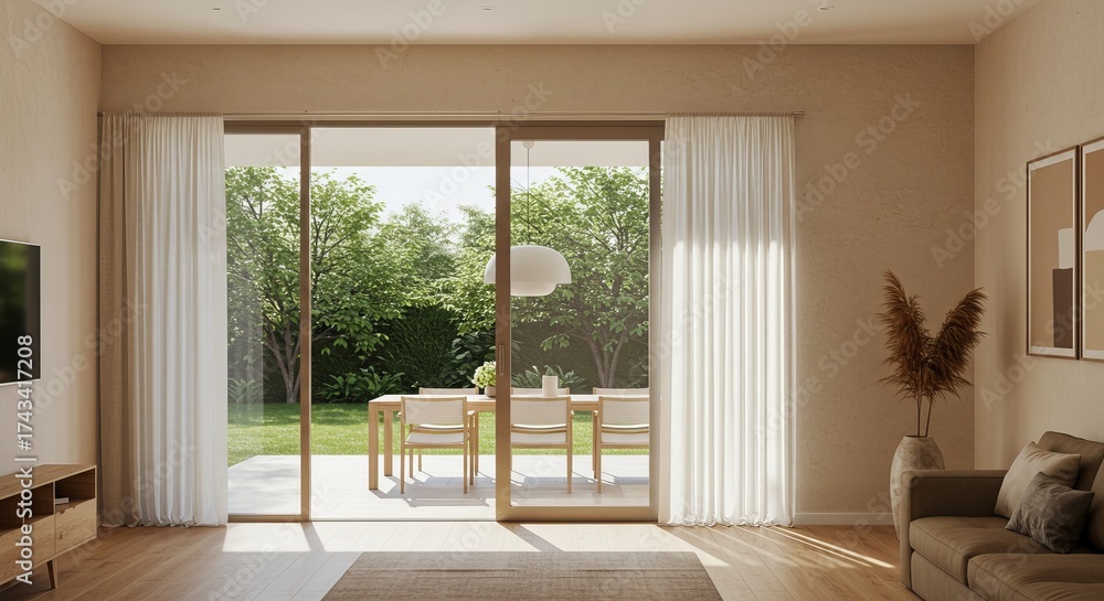 Fototapeta premium Sunlit Interior with Patio Dining: A Modern Minimalist Home Design Perspective