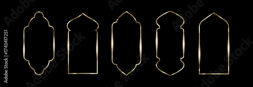 Ornate golden frame set with Ramadan arch designs for Islamic celebrations and decorations. Glowing metallic borders with traditional mosque doorway shapes. Cultural ornament template for festive card