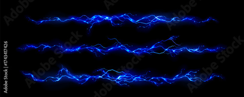 Blue thunder bolt patterns with electric energy waves on black background - horizontal lightning streaks for dynamic visual effects. Bright electrical discharge elements for storm themed designs.