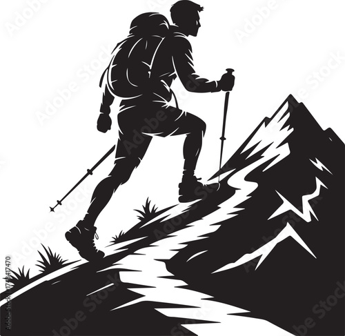 Hiker conquering mountain peak with trekking poles